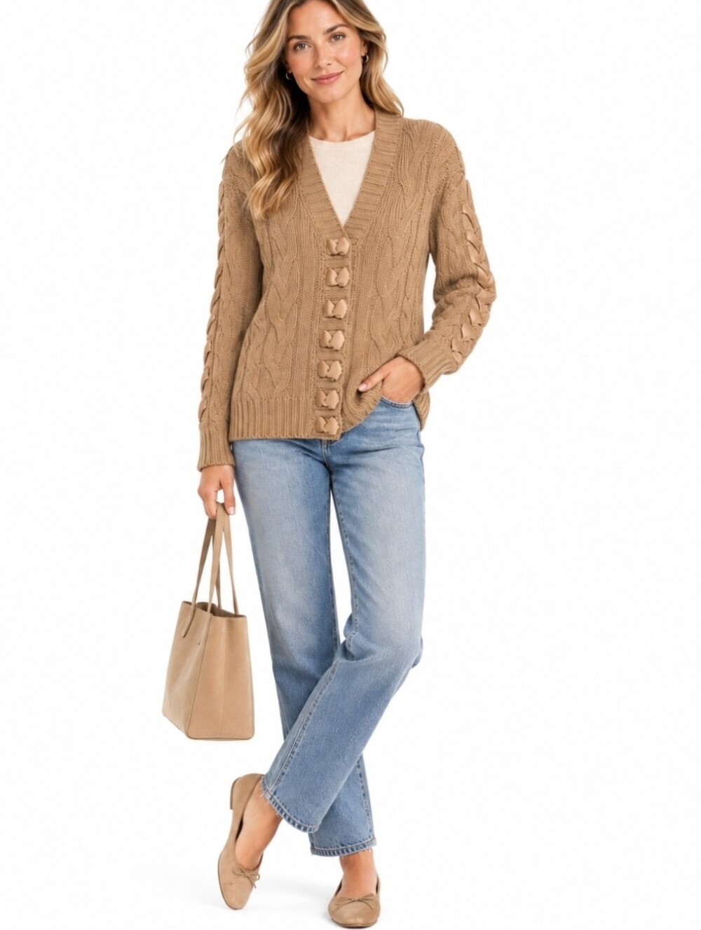 St John Cable Knit V-Neck Cardigan Sweater in Camel with Ribbon Accents Snaps M